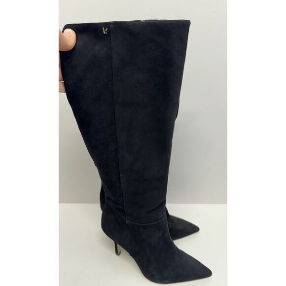 Larroude Knee High Boots Black Suede Size 10 Pointed Toe High Heel Leather Sole - Picture 4 of 11